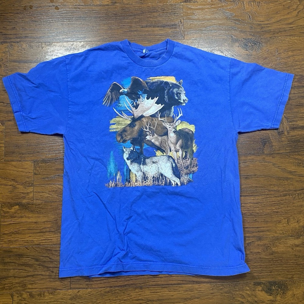 Mens Blue Wildlife Graphic T-Shirt Eagle Bear Moose Wolf Deer Size L XL 22x29.5